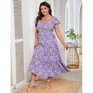 2x Plus Size Maxi Dress Floral Ruffle Sweetheart Neck Short Sleeve Pockets Rare